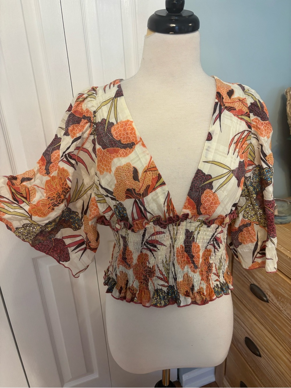 Anthropologie Floral V-Neck Smocked Crop Top - Cream, Orange & Plum